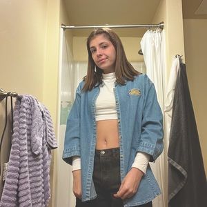 vintage oversized denim pullover. embroidered logo on front